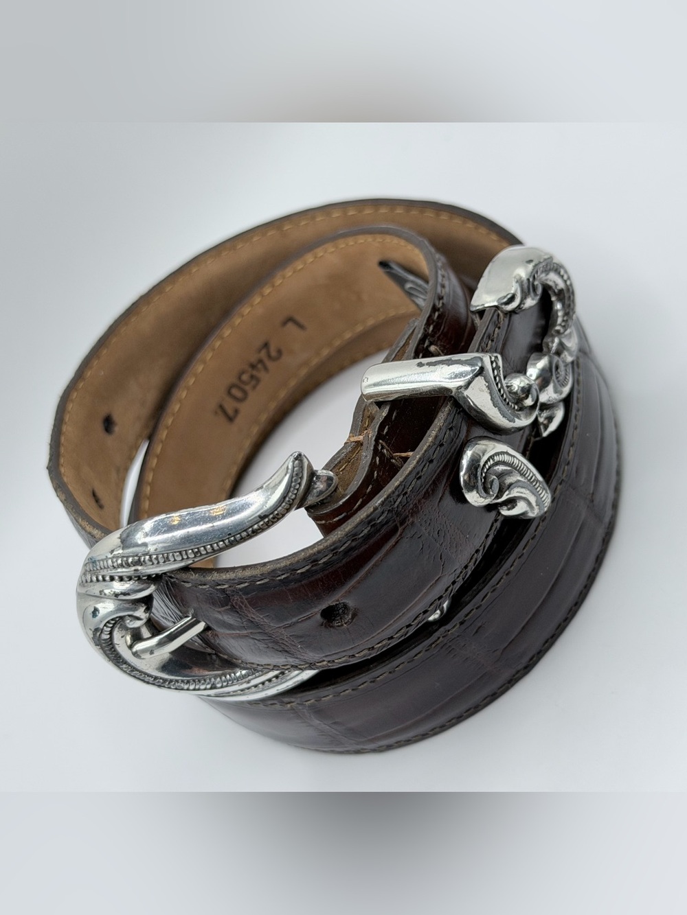 Brighton Dark Brown Leather Belt with Silver Logo Tag - Picture 4 of 9